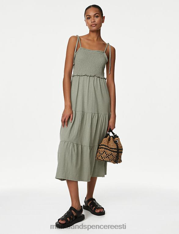 Riietus ee Marks & Spencer naised puhtast puuvillast shirred midi kleit khaki NZTRN2216