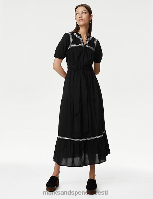 Riietus ee Marks & Spencer naised puhtast puuvillast tikitud maxi astmeline kleit must NZTRN1454