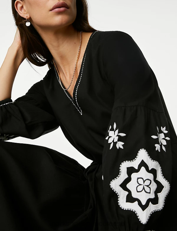 Riietus ee Marks & Spencer naised puhtast puuvillast tikitud midaxi smock-kleit must NZTRN293
