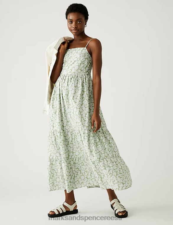 Riietus ee Marks & Spencer naised puhtast puuvillast trükitud midaxi cami kleit valge segu NZTRN3142