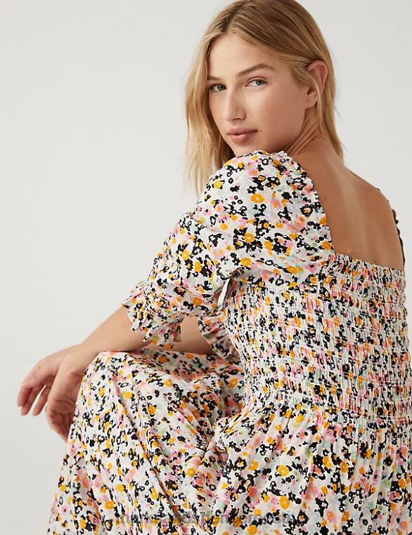 Riietus ee Marks & Spencer naised puhtast puuvillast trükitud volditud midaxi kleit mitu NZTRN1623