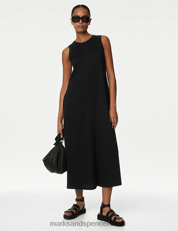 Riietus ee Marks & Spencer naised puhtast puuvillast trikoo midaxi t-särk kleit must NZTRN2945