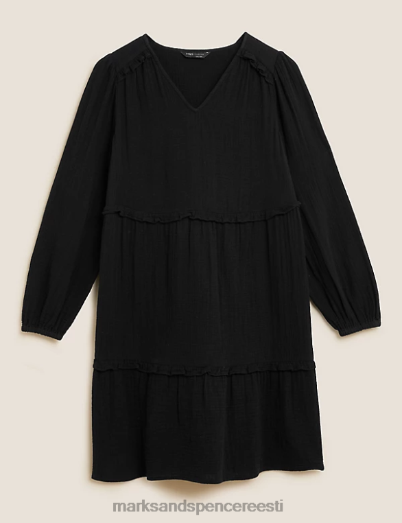 Riietus ee Marks & Spencer naised puhtast puuvillast volangidega minikleit must NZTRN3180