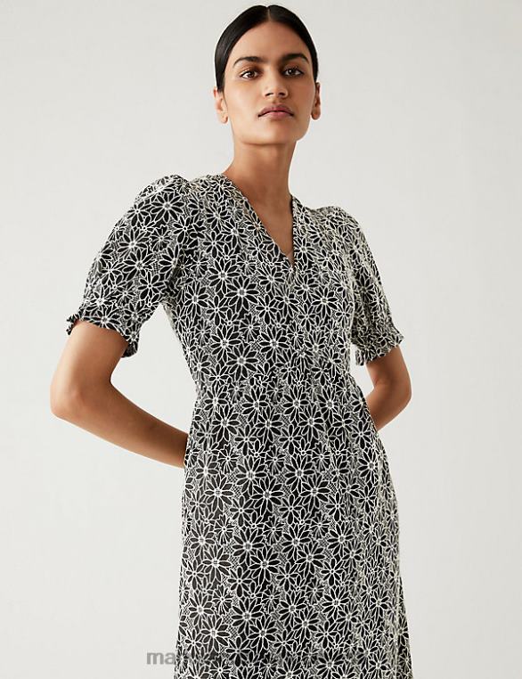 Riietus ee Marks & Spencer naised puuvillase rikkalike lilledega tikitud midi teekleit must segu NZTRN1086