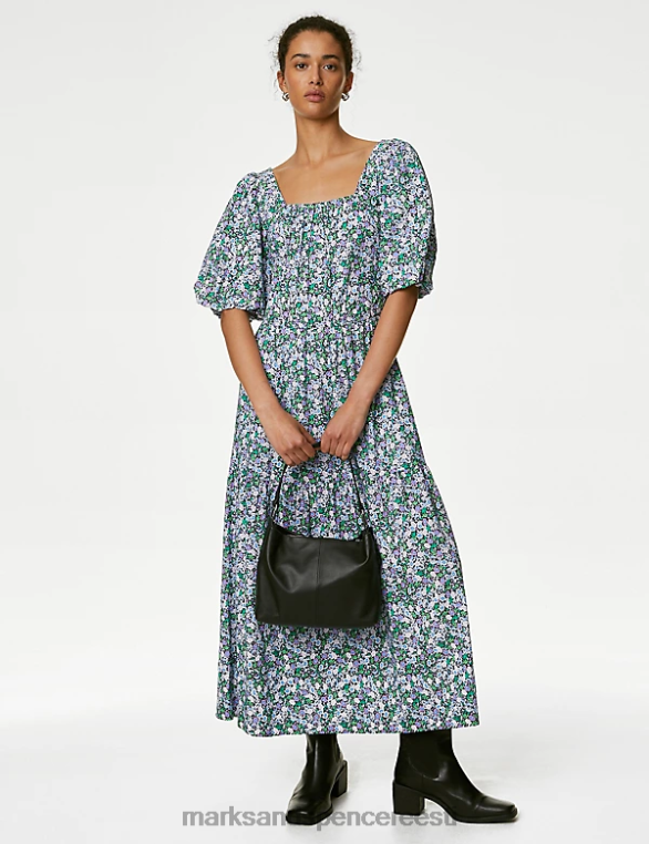 Riietus ee Marks & Spencer naised puuvillasegust lilleline kandilise kaelusega midikleit mitu NZTRN868