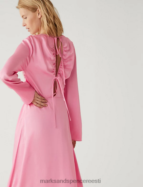Riietus ee Marks & Spencer naised satiinist ümarkaelusega midi teekleit kroonleht roosa NZTRN2243