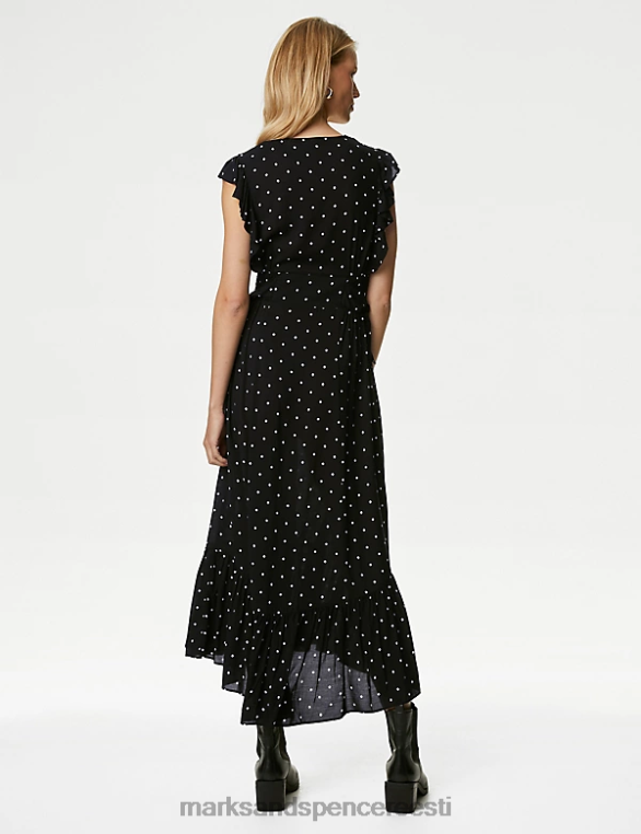 Riietus ee Marks & Spencer naised täpiline v-kaelusega midaxi taljega kleit must segu NZTRN1384