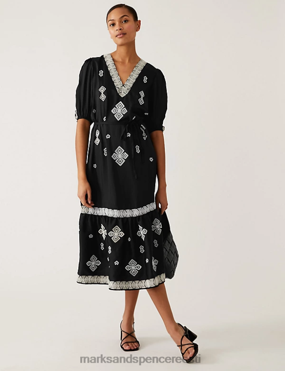 Riietus ee Marks & Spencer naised tikitud V-kaelusega midi-astmeline kleit must segu NZTRN1882