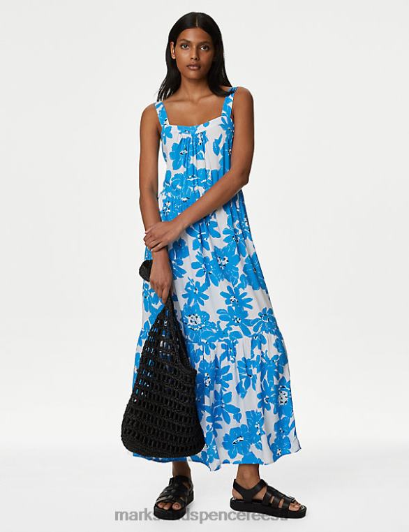 Riietus ee Marks & Spencer naised trükitud kandilise kaelusega midaxi cami kleit sinine segu NZTRN1266