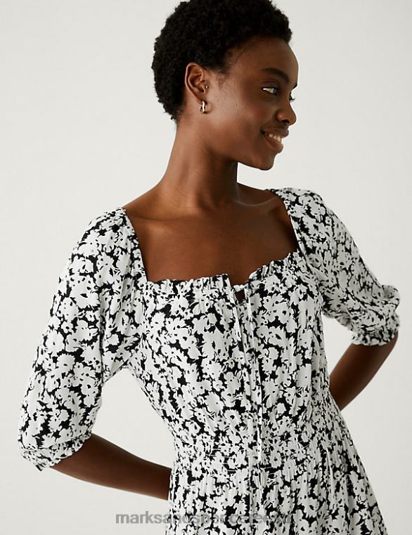 Riietus ee Marks & Spencer naised trükitud kandilise kaelusega midi vöökohaga kleit must segu NZTRN474