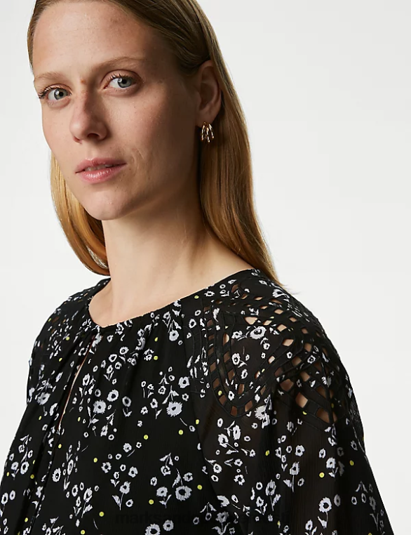 Riietus ee Marks & Spencer naised trükitud lips kaelusega põlvini lõdvestunud kleit must segu NZTRN937