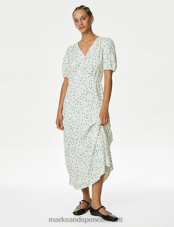 Riietus ee Marks & Spencer naised trükitud nööpidetail v-kaelusega midi teekleit elevandiluu segu NZTRN400