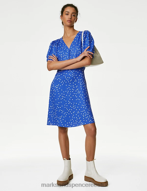 Riietus ee Marks & Spencer naised trükitud nööpidetail v-kaelusega mini teekleit sinine segu NZTRN272