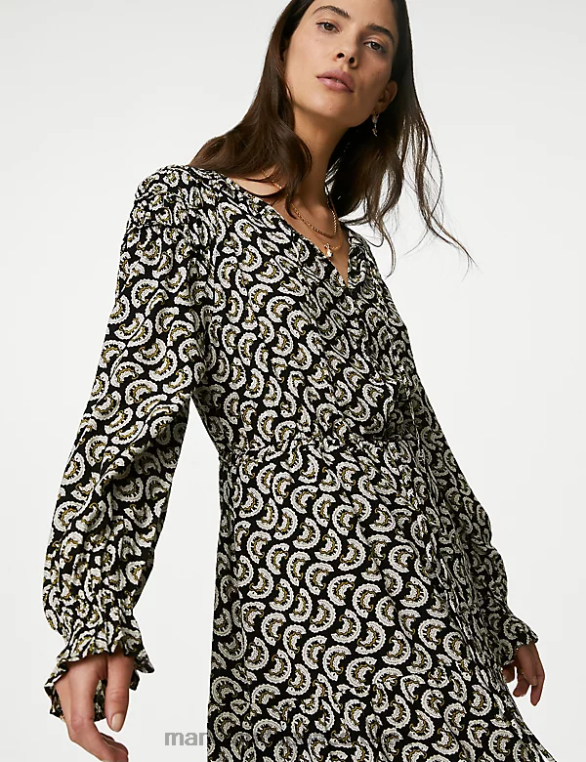 Riietus ee Marks & Spencer naised trükitud shirred midi astmeline kleit must segu NZTRN71