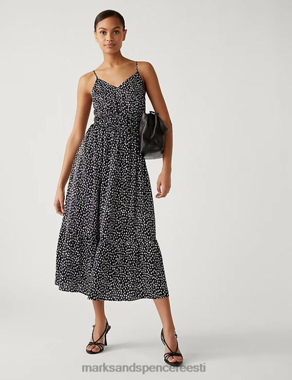 Riietus ee Marks & Spencer naised trükitud v-kaelusega midaxi taljega kleit must segu NZTRN2266
