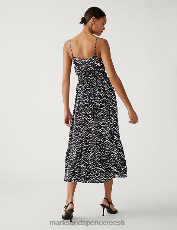 Riietus ee Marks & Spencer naised trükitud v-kaelusega midaxi taljega kleit must segu NZTRN2266