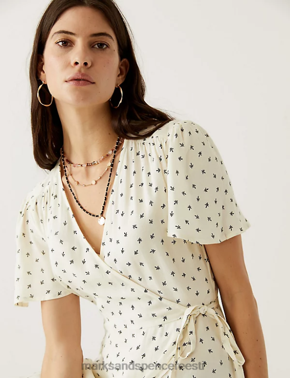 Riietus ee Marks & Spencer naised trükitud v-kaelusega midi-wrap kleit koore segu NZTRN634