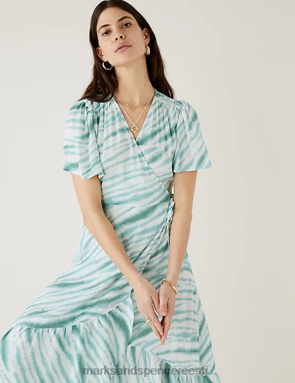 Riietus ee Marks & Spencer naised trükitud v-kaelusega midi-wrap kleit mereroheline NZTRN1025