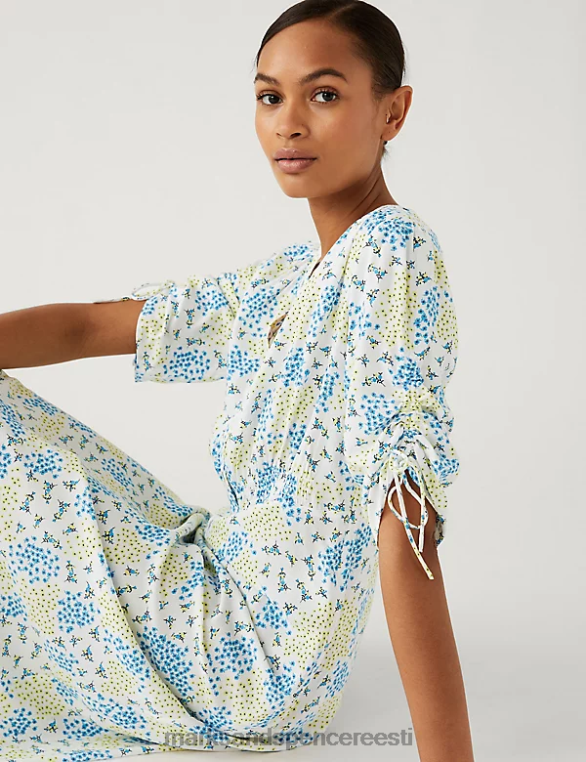 Riietus ee Marks & Spencer naised trükitud v-kaelusega shirred midi teekleit kollane segu NZTRN795