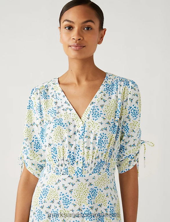 Riietus ee Marks & Spencer naised trükitud v-kaelusega shirred midi teekleit kollane segu NZTRN795