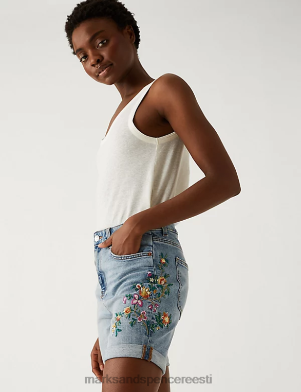 Riietus ee Marks & Spencer naised denim boyfriendi tikitud lühikesed püksid keskmine indigo NZTRN2862