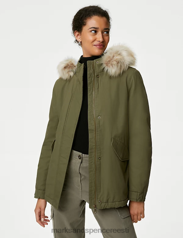 Riietus ee Marks & Spencer naised puuvillase rikkaliku kapuutsiga borg voodriga parkmantel jahimees roheline NZTRN475