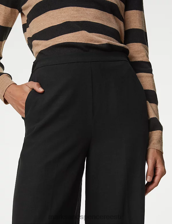 Riietus ee Marks & Spencer naised lüocell rikkalikud laia säärega püksid linasega must NZTRN1565
