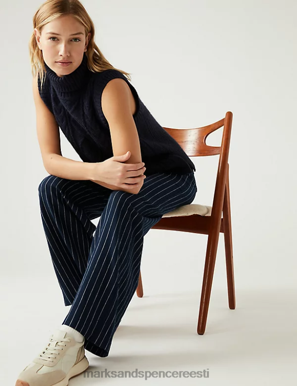 Riietus ee Marks & Spencer naised linased rikkalikud laia säärega püksid mereväe segu NZTRN449