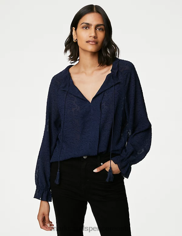 Riietus ee Marks & Spencer naised žakaarkaelusega volangiga popover pluus merevägi NZTRN710