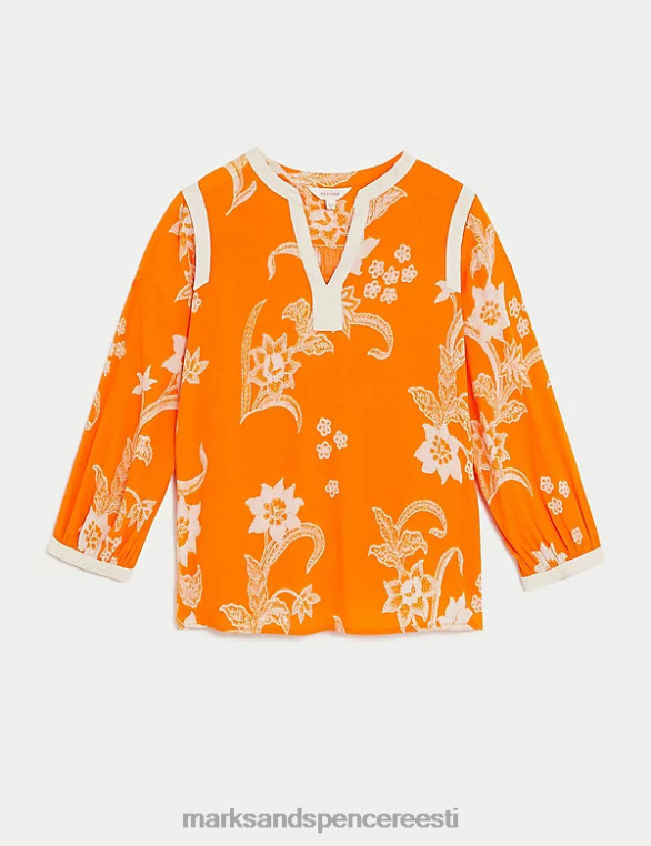Riietus ee Marks & Spencer naised lilleline sälk kaelusega pitsdetailidega pluus apelsini segu NZTRN2762