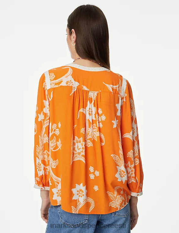 Riietus ee Marks & Spencer naised lilleline sälk kaelusega pitsdetailidega pluus apelsini segu NZTRN2762