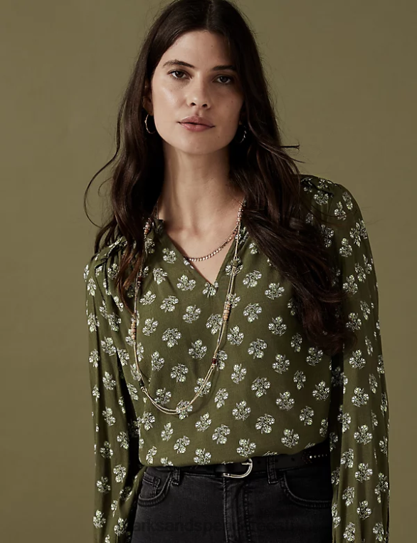 Riietus ee Marks & Spencer naised lilleline sälk kaelusega popover pluus aqua NZTRN2556
