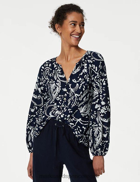 Riietus ee Marks & Spencer naised linane rikkaliku trükiga v-kaelusega pluus mereväe segu NZTRN2154