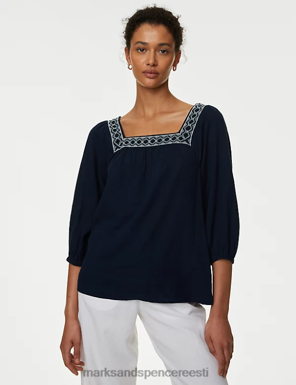Riietus ee Marks & Spencer naised linasegust tikitud puhvis varrukatega pluus merevägi NZTRN572