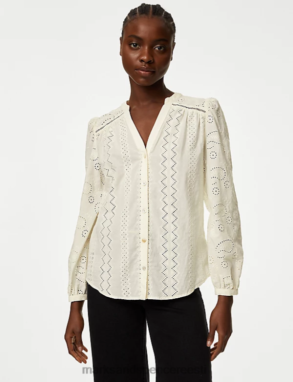 Riietus ee Marks & Spencer naised puhtast puuvillast broderie v-kaelusega pluus elevandiluust NZTRN2325