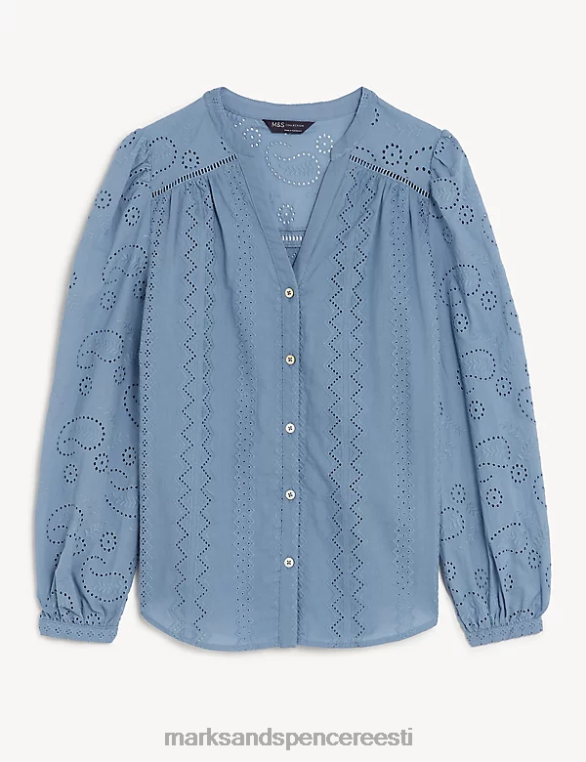 Riietus ee Marks & Spencer naised puhtast puuvillast broderie v-kaelusega pluus hall sinine NZTRN1996