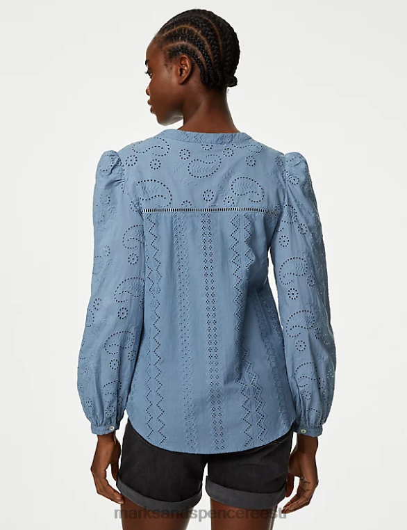 Riietus ee Marks & Spencer naised puhtast puuvillast broderie v-kaelusega pluus hall sinine NZTRN1996