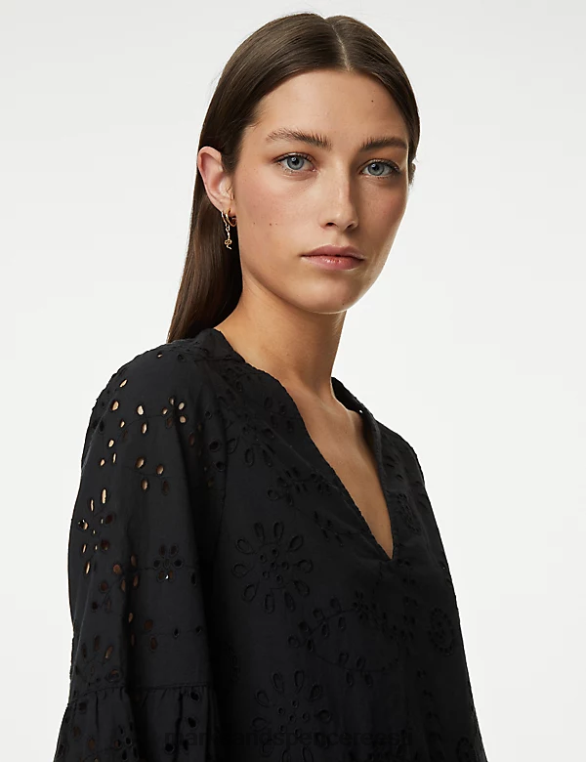 Riietus ee Marks & Spencer naised puhtast puuvillast broderie v-kaelusega pluus must NZTRN396