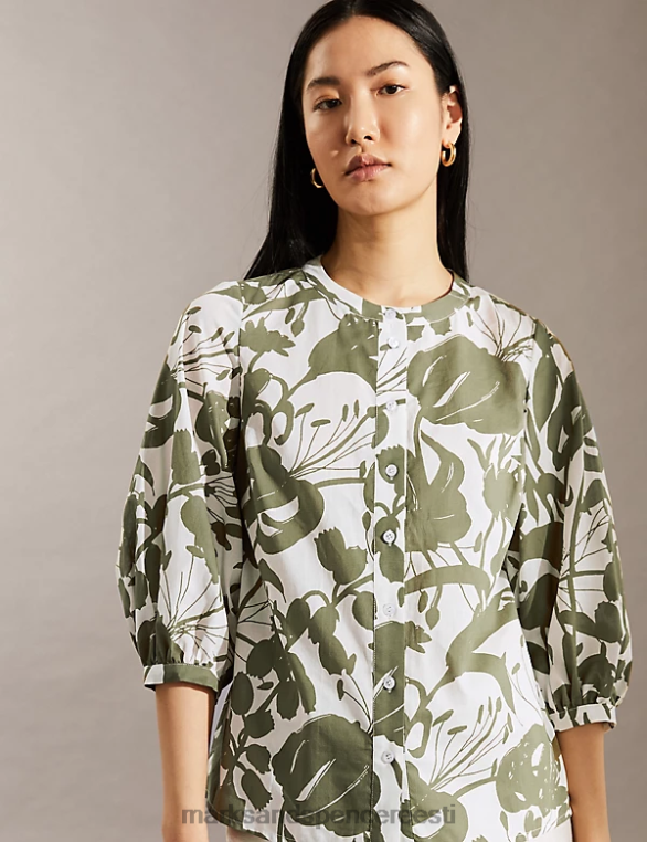 Riietus ee Marks & Spencer naised puhtast puuvillast lilleline kaelusega särk khaki NZTRN1411