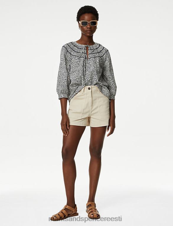 Riietus ee Marks & Spencer naised puhtast puuvillast lilleline lips kaeluses smocked pluus mereväe segu NZTRN718