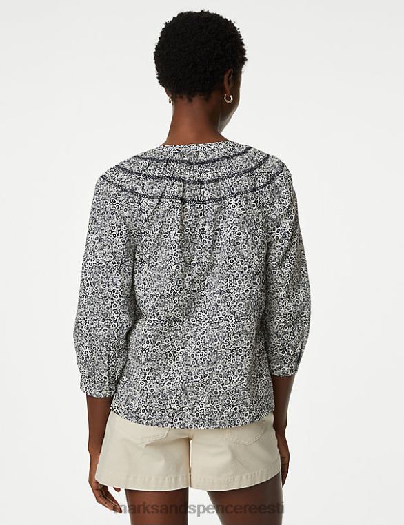 Riietus ee Marks & Spencer naised puhtast puuvillast lilleline lips kaeluses smocked pluus mereväe segu NZTRN718