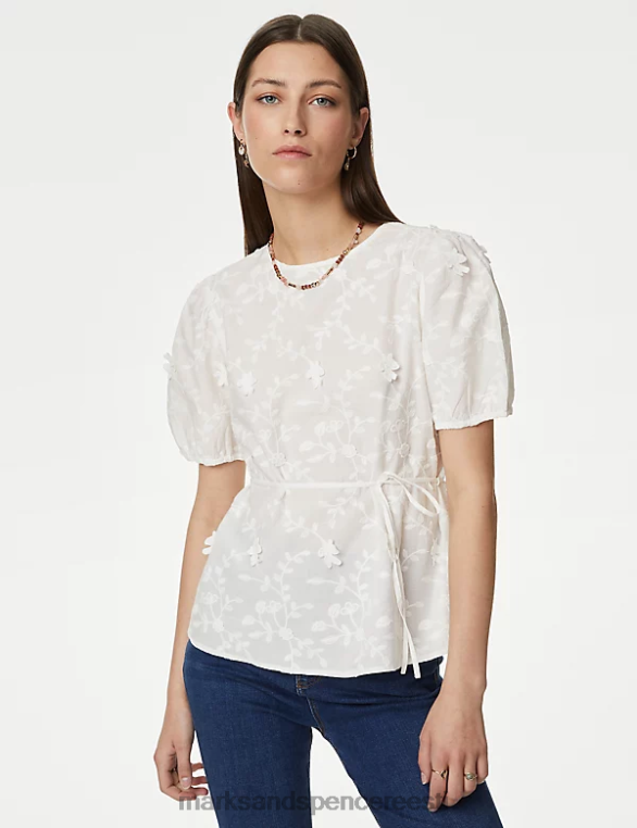Riietus ee Marks & Spencer naised puhtast puuvillast lillelise tekstuuriga pluus elevandiluust NZTRN463