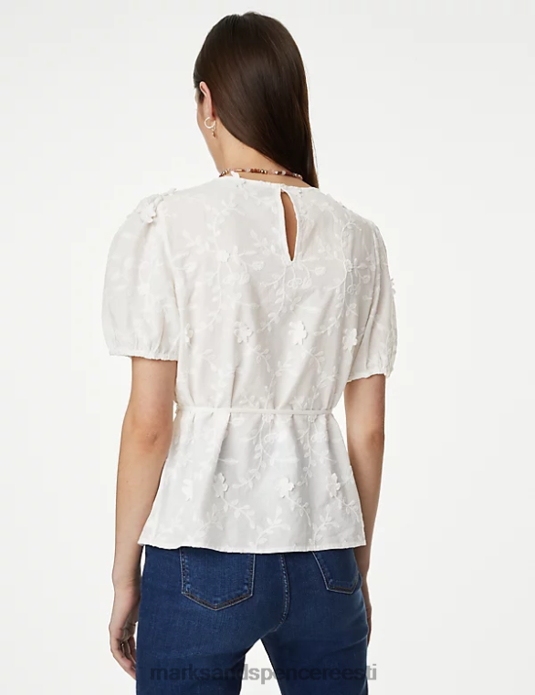 Riietus ee Marks & Spencer naised puhtast puuvillast lillelise tekstuuriga pluus elevandiluust NZTRN463
