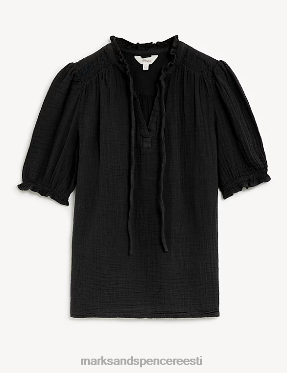 Riietus ee Marks & Spencer naised puhtast puuvillast tekstuuriga sälkkaelusega pluus must NZTRN1815