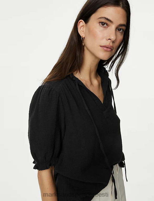 Riietus ee Marks & Spencer naised puhtast puuvillast tekstuuriga sälkkaelusega pluus must NZTRN1815