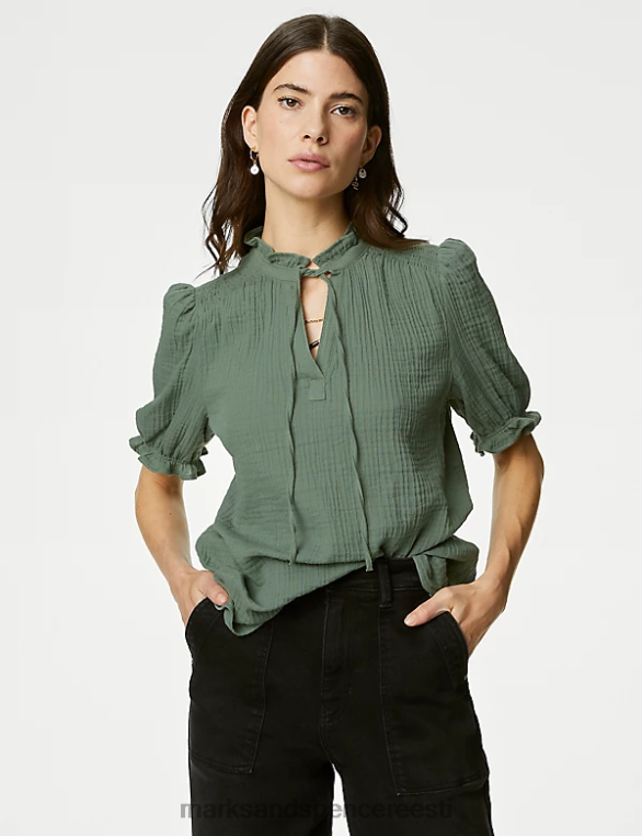 Riietus ee Marks & Spencer naised puhtast puuvillast tekstuuriga sälkkaelusega pluus pleekinud khaki NZTRN2132