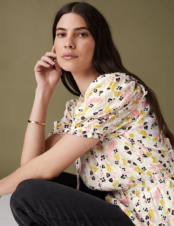 Riietus ee Marks & Spencer naised sädelev lilleline taljega pluus ecru segu NZTRN1036