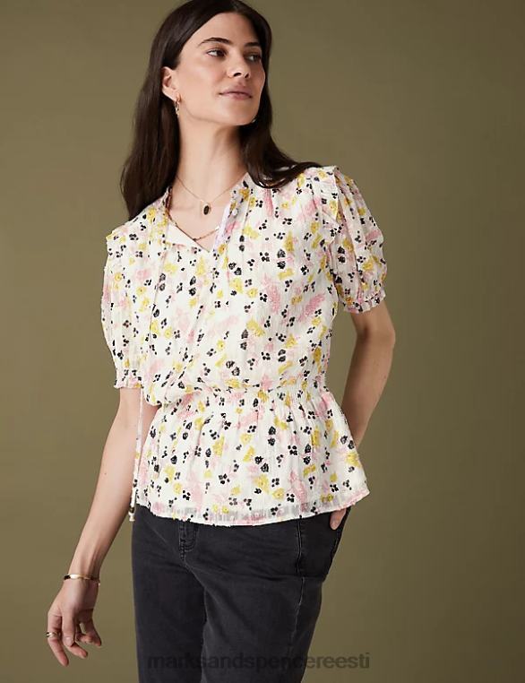 Riietus ee Marks & Spencer naised sädelev lilleline taljega pluus ecru segu NZTRN1036