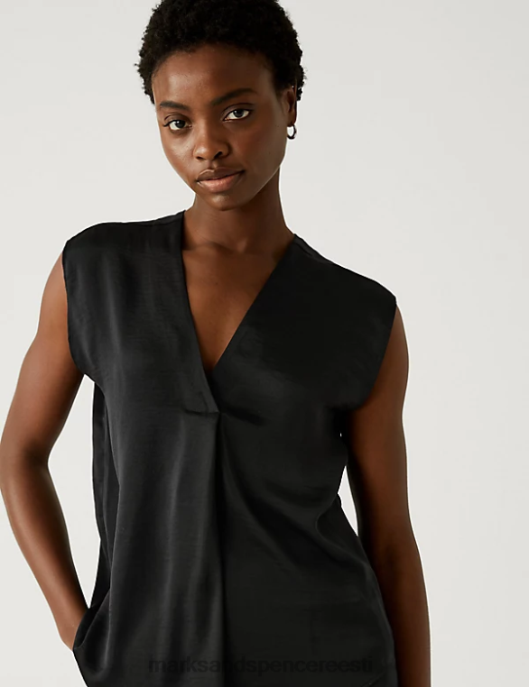 Riietus ee Marks & Spencer naised satiinist v-kaelusega popover pluus must NZTRN1287