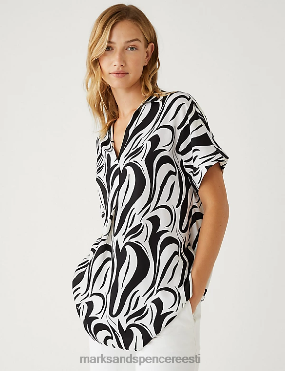 Riietus ee Marks & Spencer naised satiintrükiga popover pluus must segu NZTRN3049